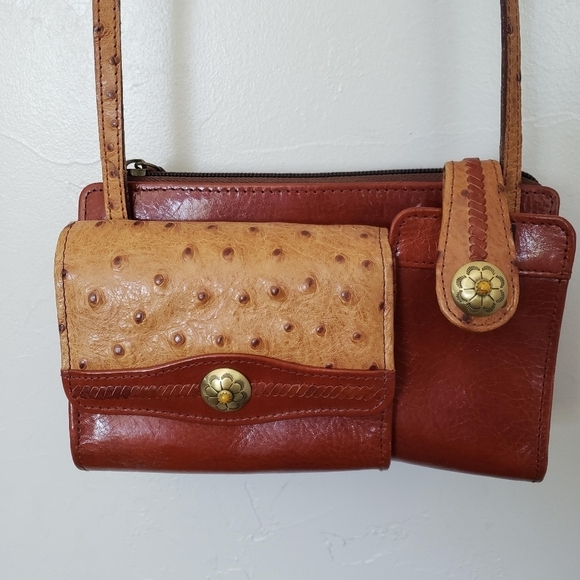 Scully Vintage Tan Brown Leather Mini Crossbody Bag Ostrich Boho Western Purse